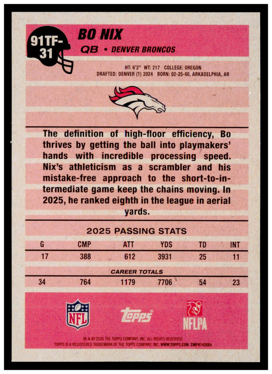 2026 Topps Flagship Bo Nix 1991 Topps Football 35th Anniversary Crackle Broncos