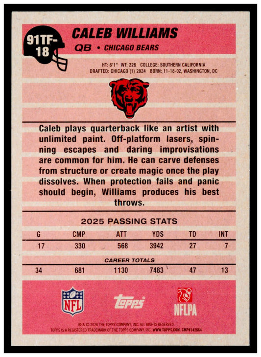 2026 Topps Flagship Caleb Williams 1991 Topps Football 35th Anniversary Chicago