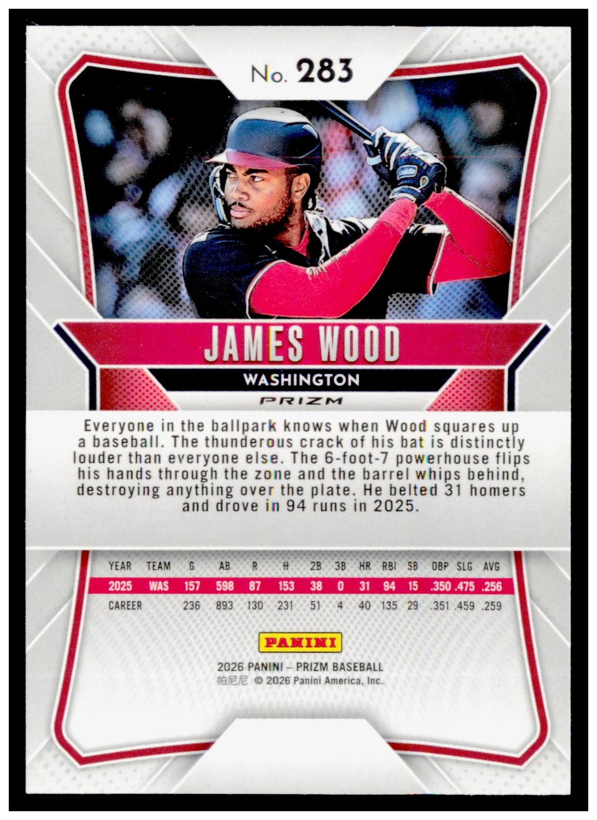 2026 Panini Prizm James Wood Card Green Prizm Washington Nationals