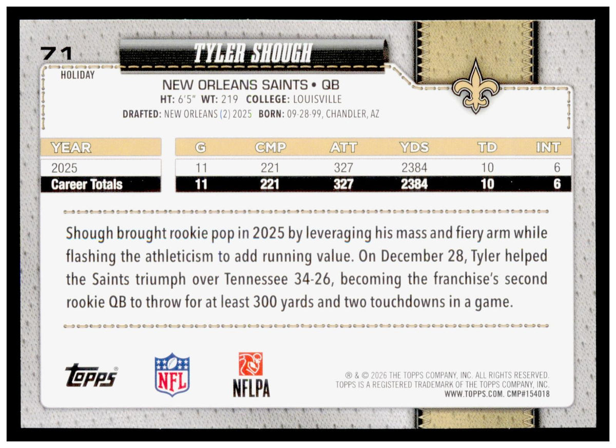 2026 Topps Holiday Football Tyler Shough Blue Glitter #71 Saints QB SP