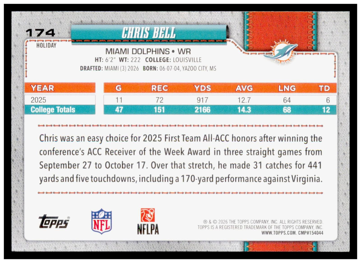 2026 Topps Holiday Football Chris Bell RC Glitter Parallel #174 Dolphins WR