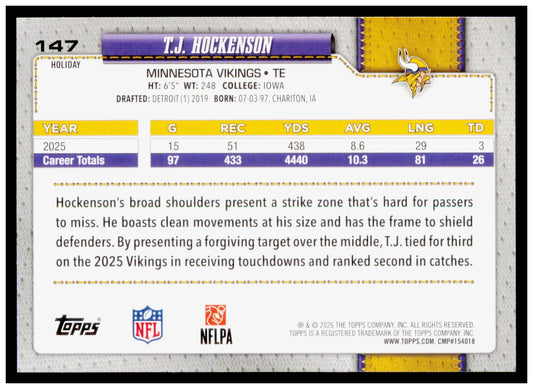 2026 Topps Holiday Football T.J. Hockenson Light Blue White Glitter #147 Vikings