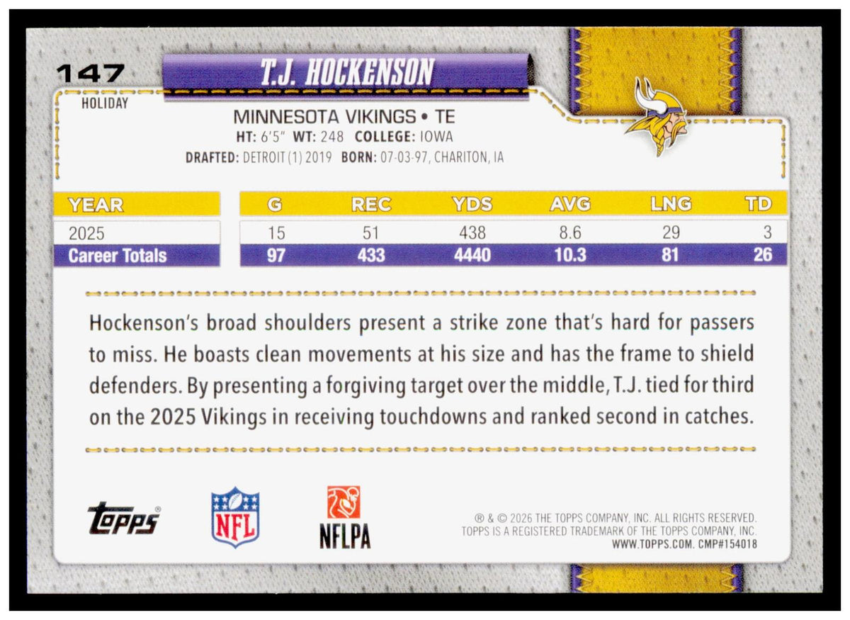 2026 Topps Holiday Football T.J. Hockenson Light Blue White Glitter #147 Vikings