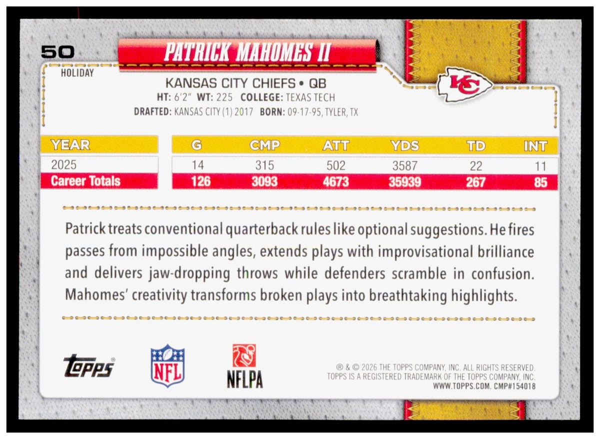 2026 Topps Holiday Football Patrick Mahomes II