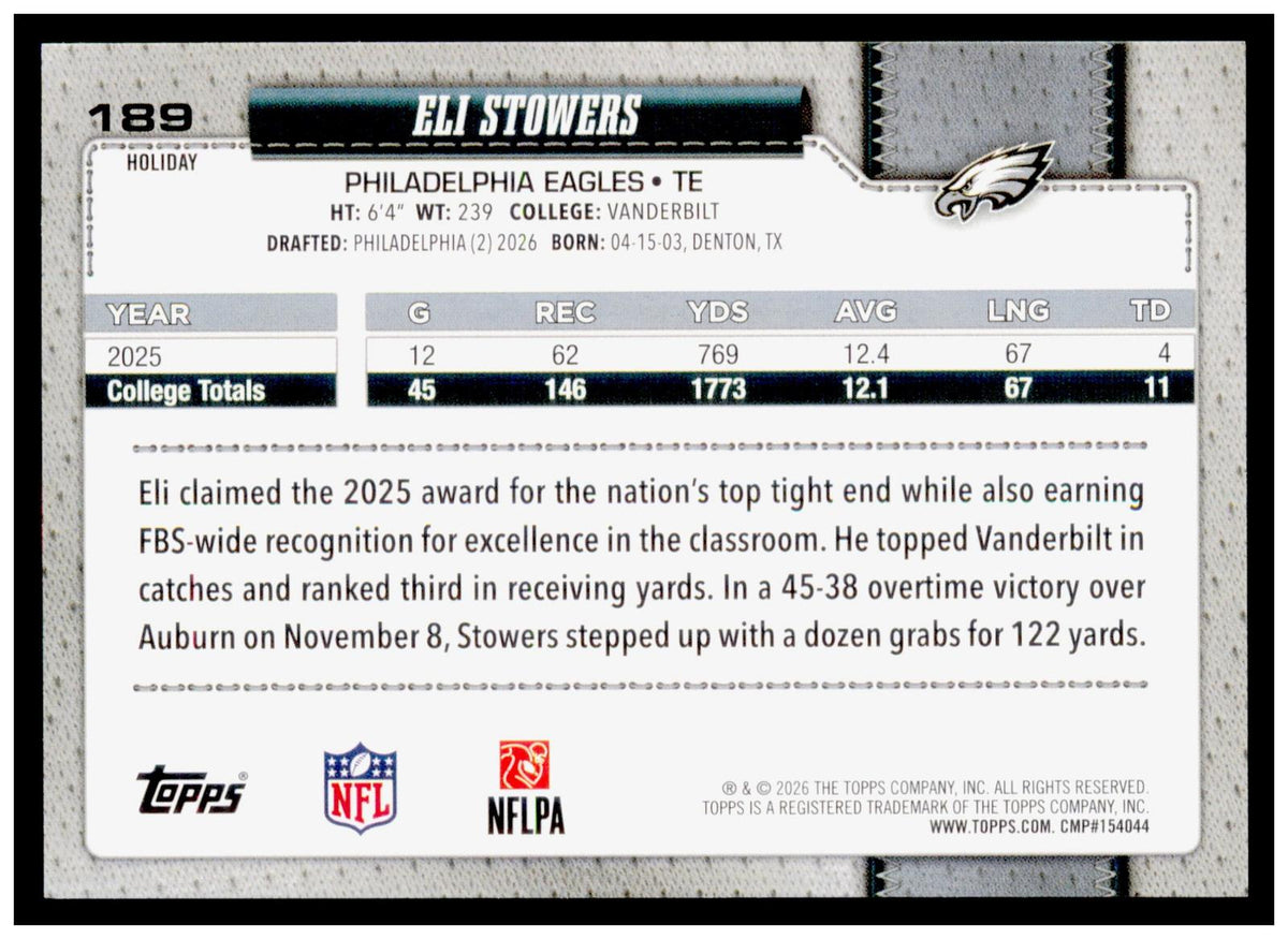 2026 Topps Holiday Football Eli Stowers RC Base Glitter Parallel #189 Eagles TE
