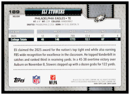 2026 Topps Holiday Football Eli Stowers RC Base Glitter Parallel #189 Eagles TE