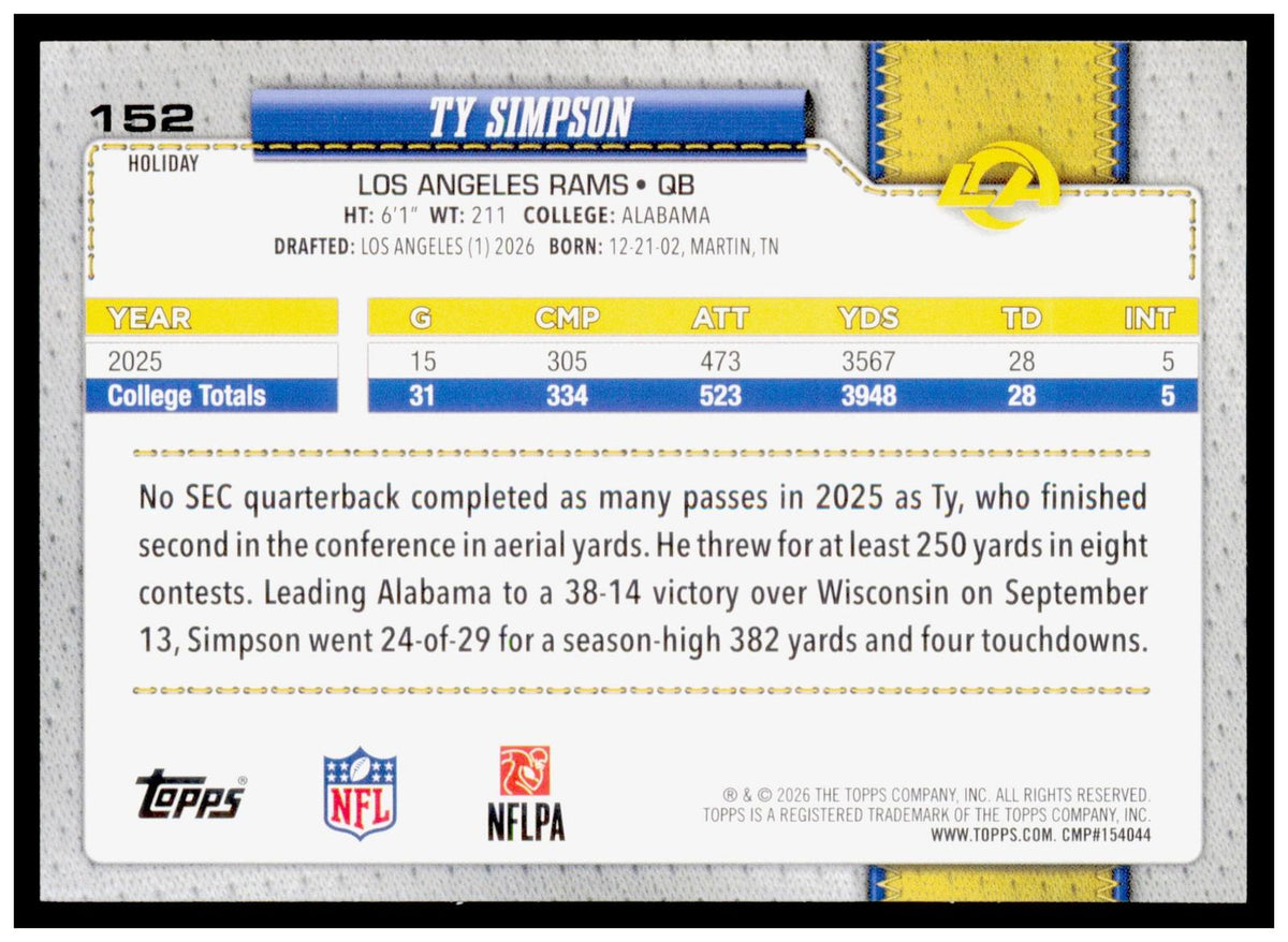 2026 Topps Holiday Football Ty Simpson RC Rams