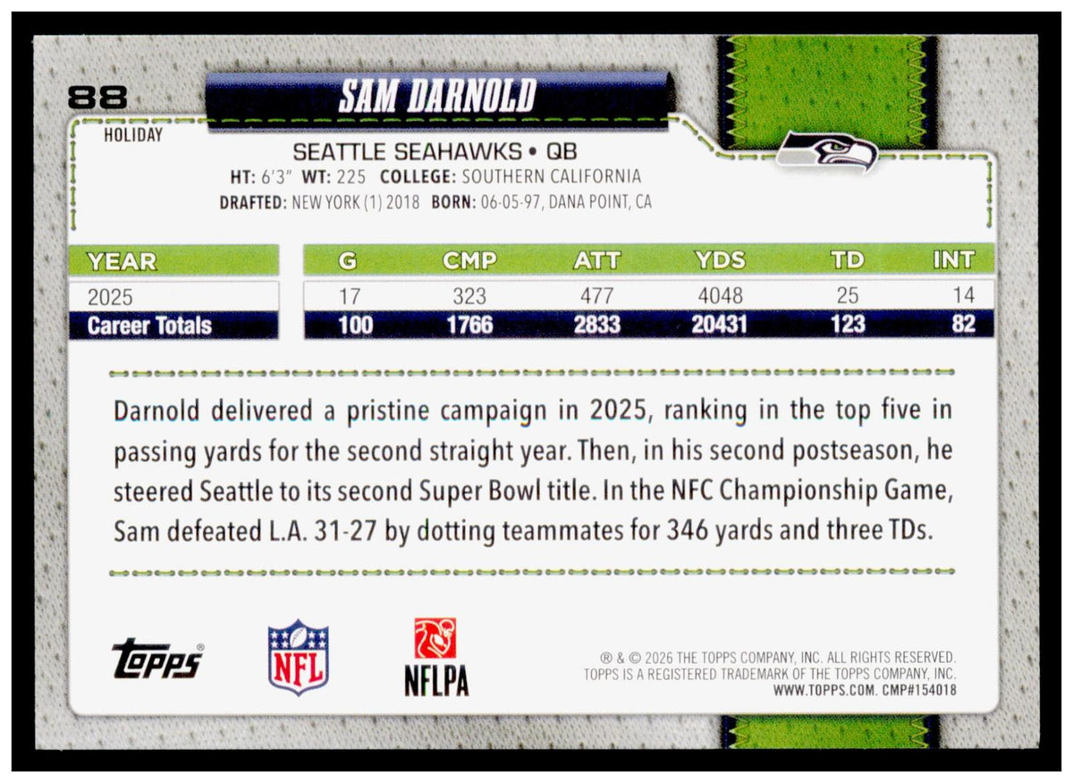 2026 Topps Holiday Football Sam Darnold Base Glitter Parallel #88 Seahawks QB