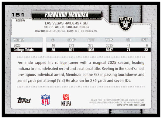 2026 Topps Holiday Football Fernando Mendoza RC