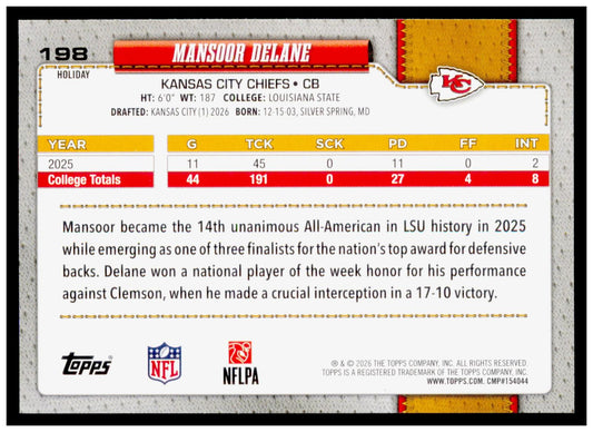 2026 Topps Holiday Football Mansoor Delane RC Base Glitter Parallel #198 Chiefs