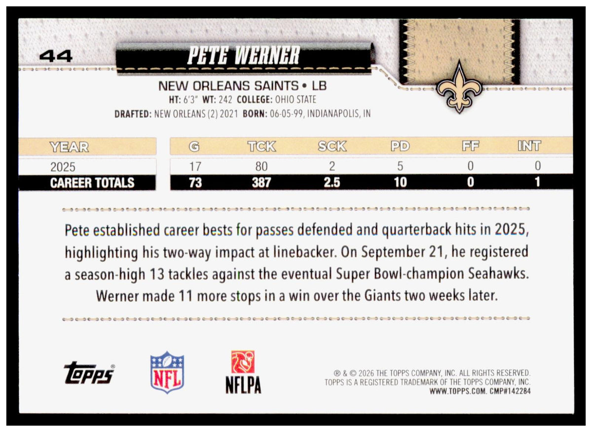 2026 Topps Flagship Pete Werner Card Sandglitter New Orleans Saints