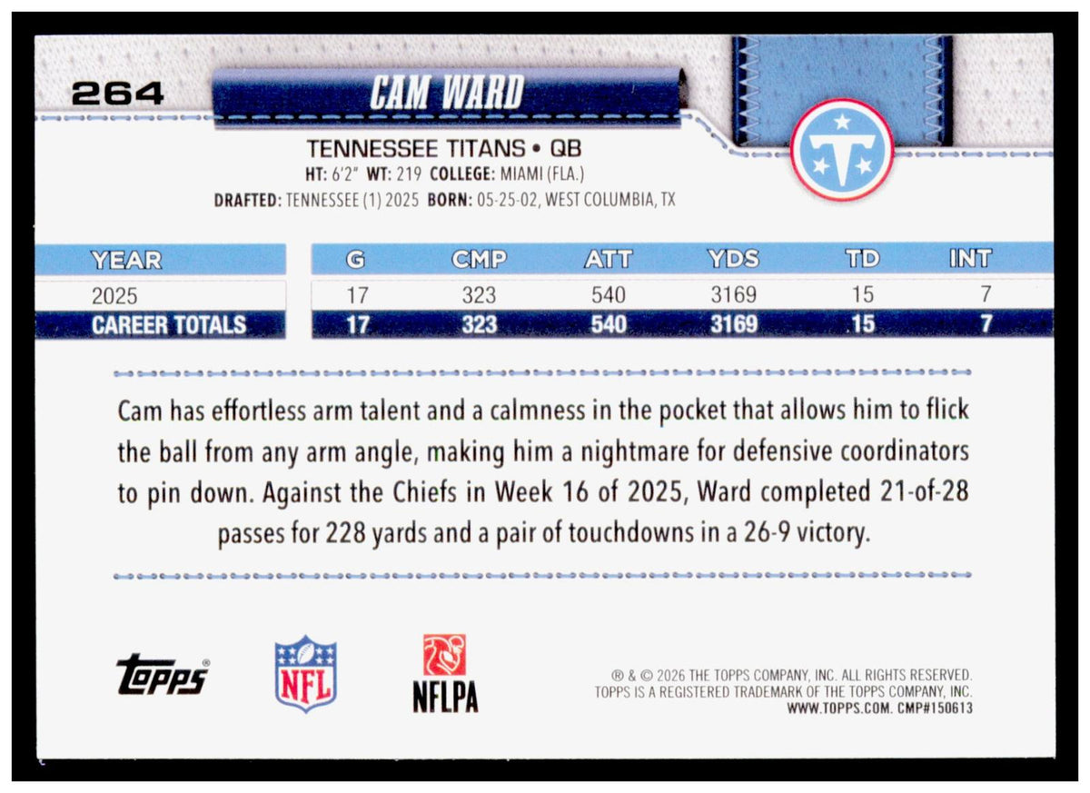 2026 Topps Flagship Cam Ward Card White & Blue Tennessee Titans