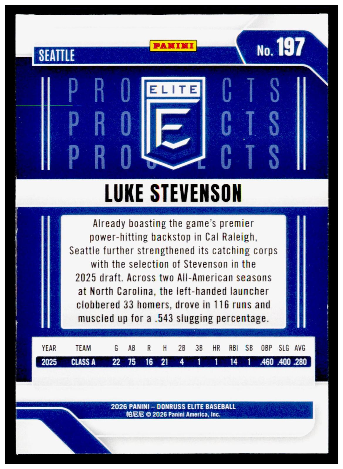 2026 Donruss Elite Luke Stevenson Card Seattle Mariners