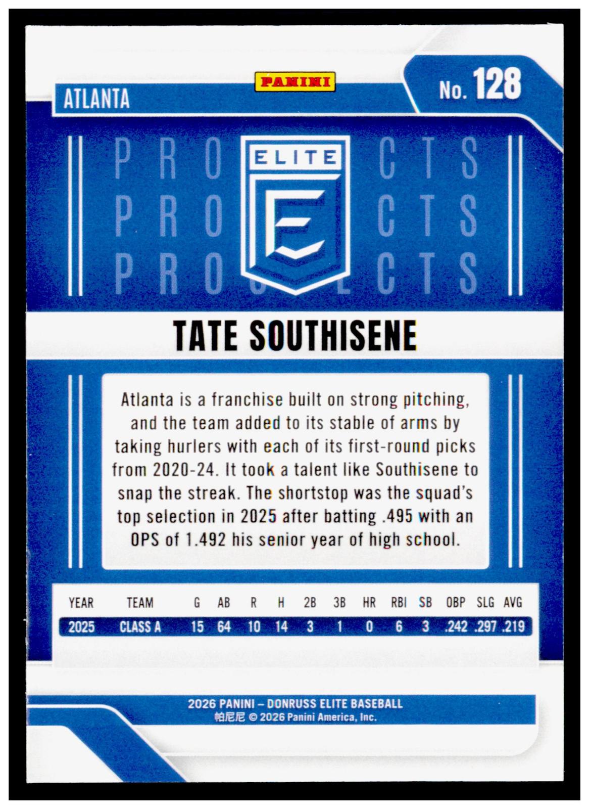 2026 Donruss Elite Tate Southisene Card Atlanta Braves