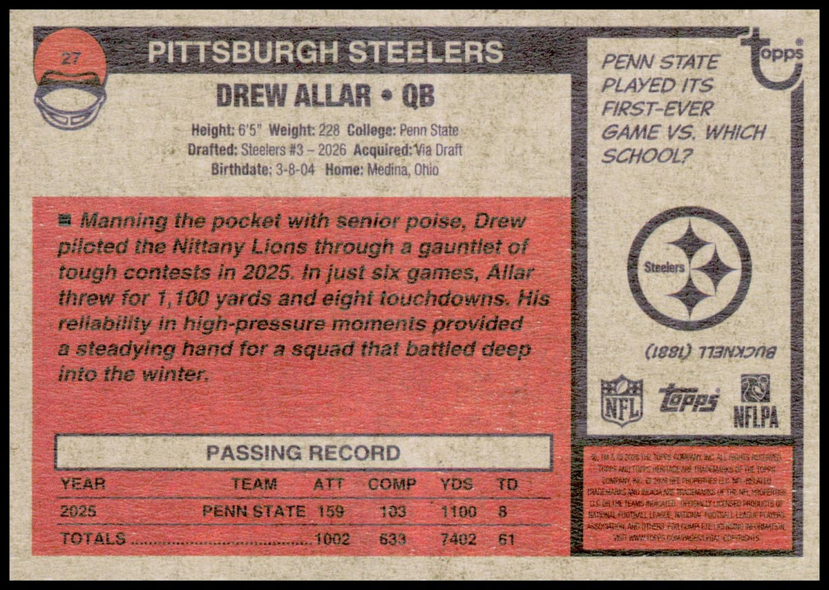 2026 Topps Heritage Drew Allar Card RC Pittsburgh Steelers