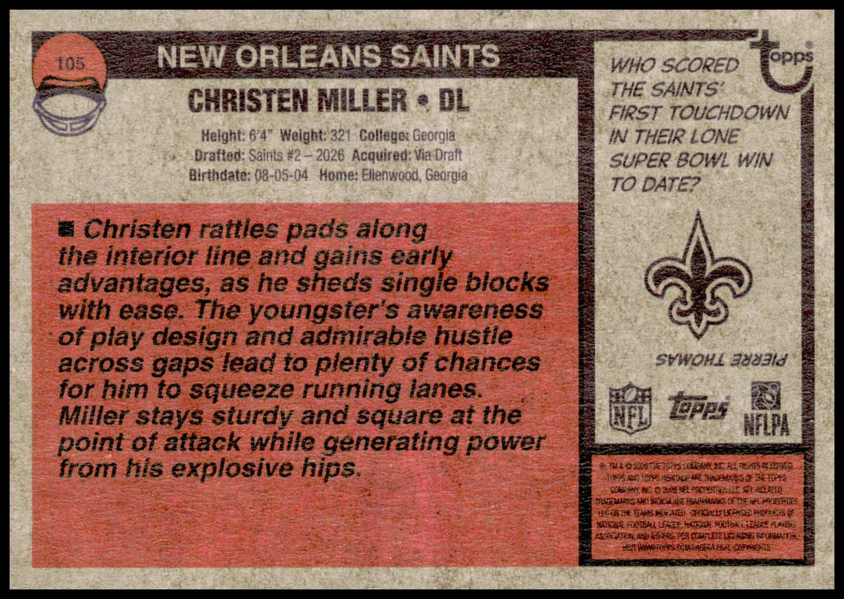 2026 Topps Heritage Christen Miller Card RC New Orleans Saints