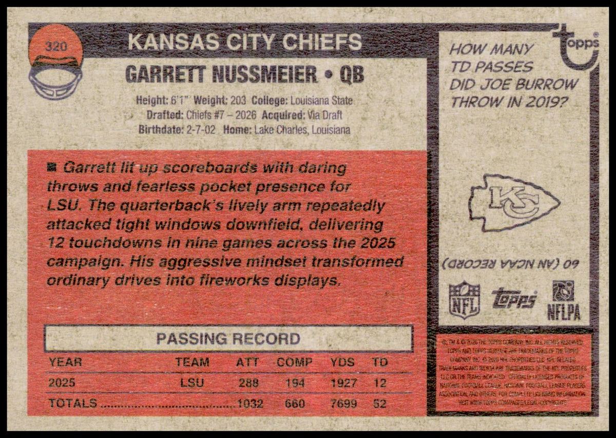 2026 Topps Heritage Garrett Nussmeier Card RC Kansas City Chiefs