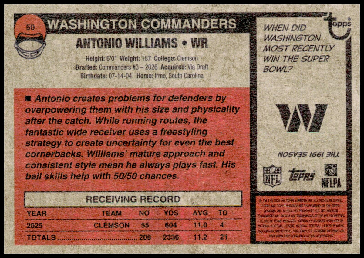 2026 Topps Heritage Antonio Williams Card RC Washington Commanders