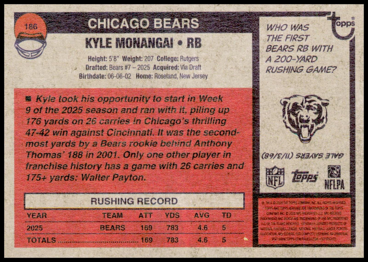 2026 Topps Heritage Kyle Monangai Card Chicago Bears