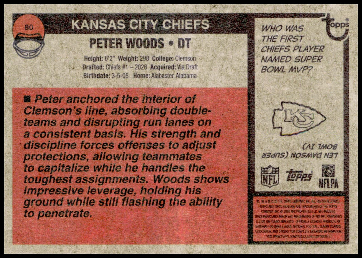 2026 Topps Heritage Peter Woods Card RC Kansas City Chiefs