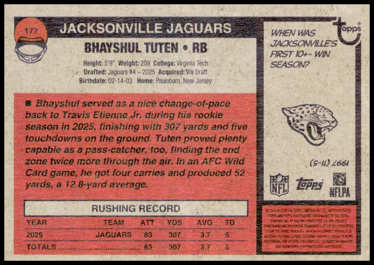 2026 Topps Heritage Bhayshul Tuten Card Jacksonville Jaguars