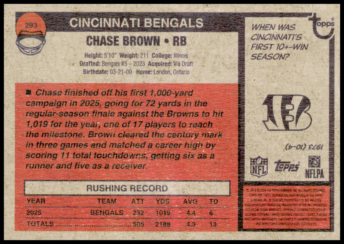 2026 Topps Heritage Chase Brown Card Cincinnati Bengals