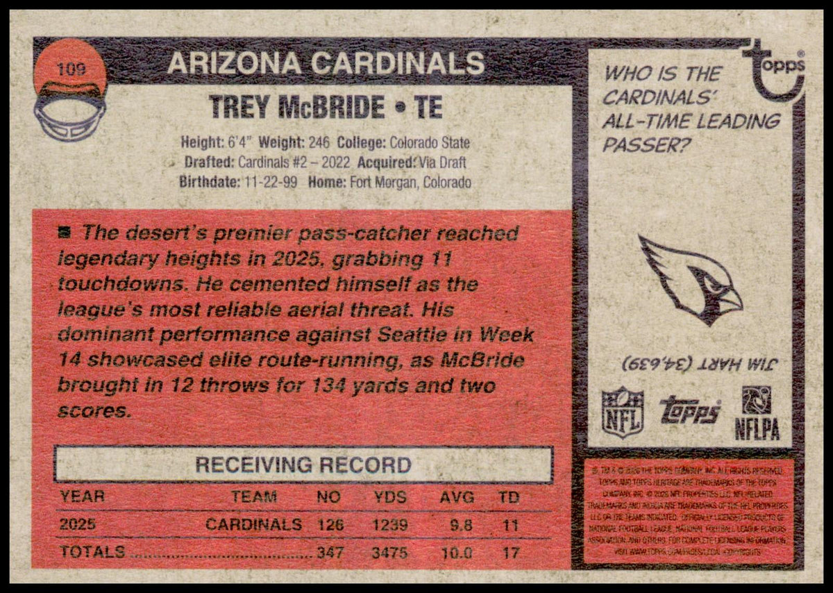 2026 Topps Heritage Trey McBride Card Arizona Cardinals