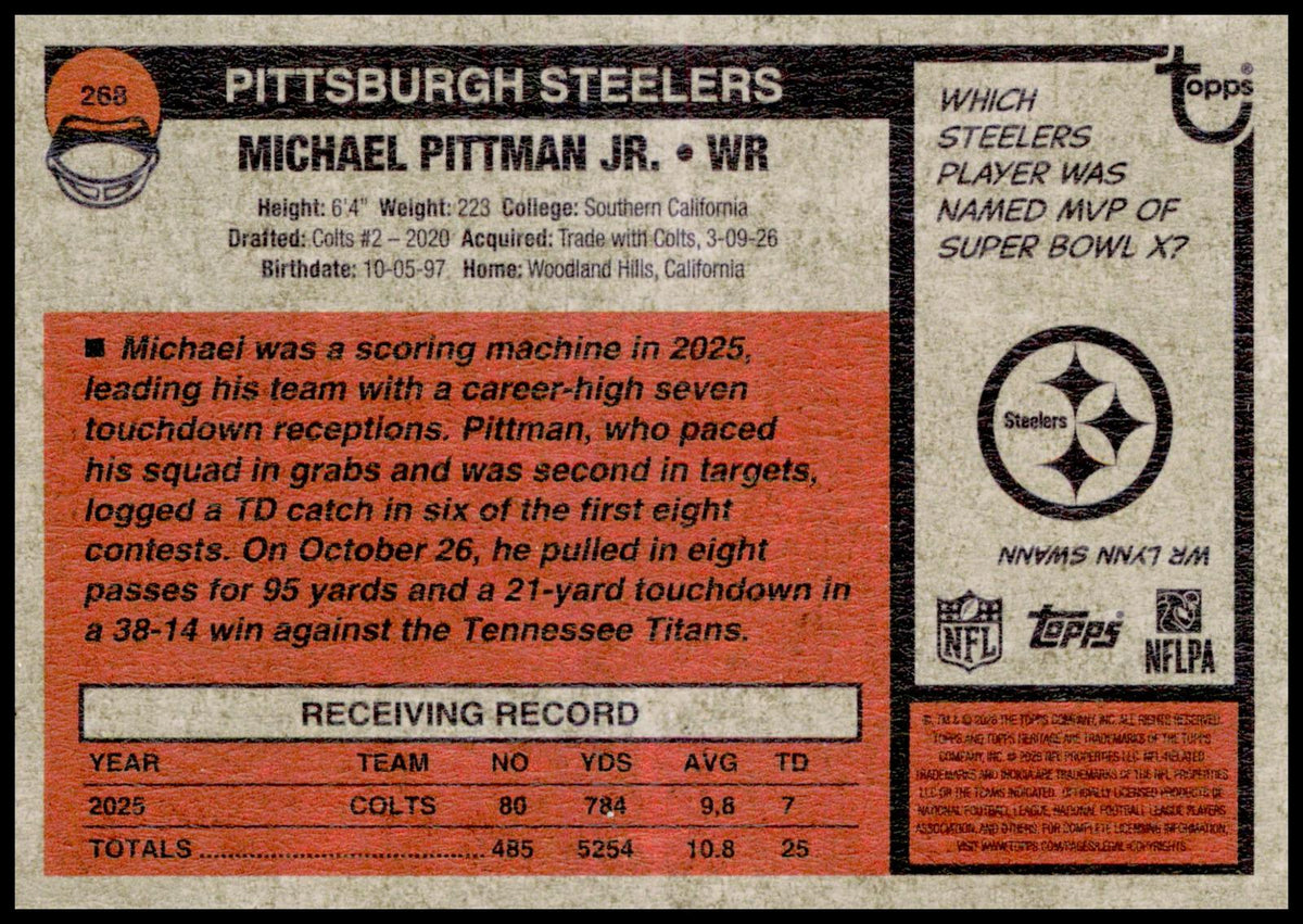2026 Topps Heritage Michael Pittman Jr. Card Pittsburgh Steelers