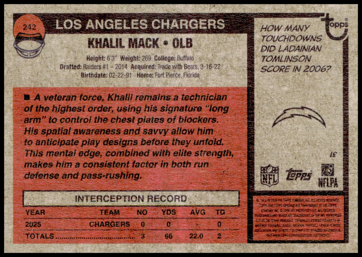 2026 Topps Heritage Khalil Mack Card Los Angeles Chargers