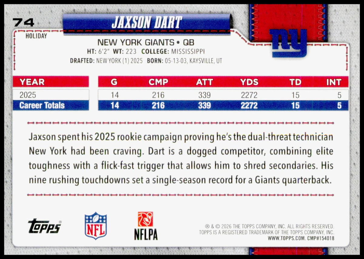 2026 Topps Holiday Jaxson Dart Card New York Giants