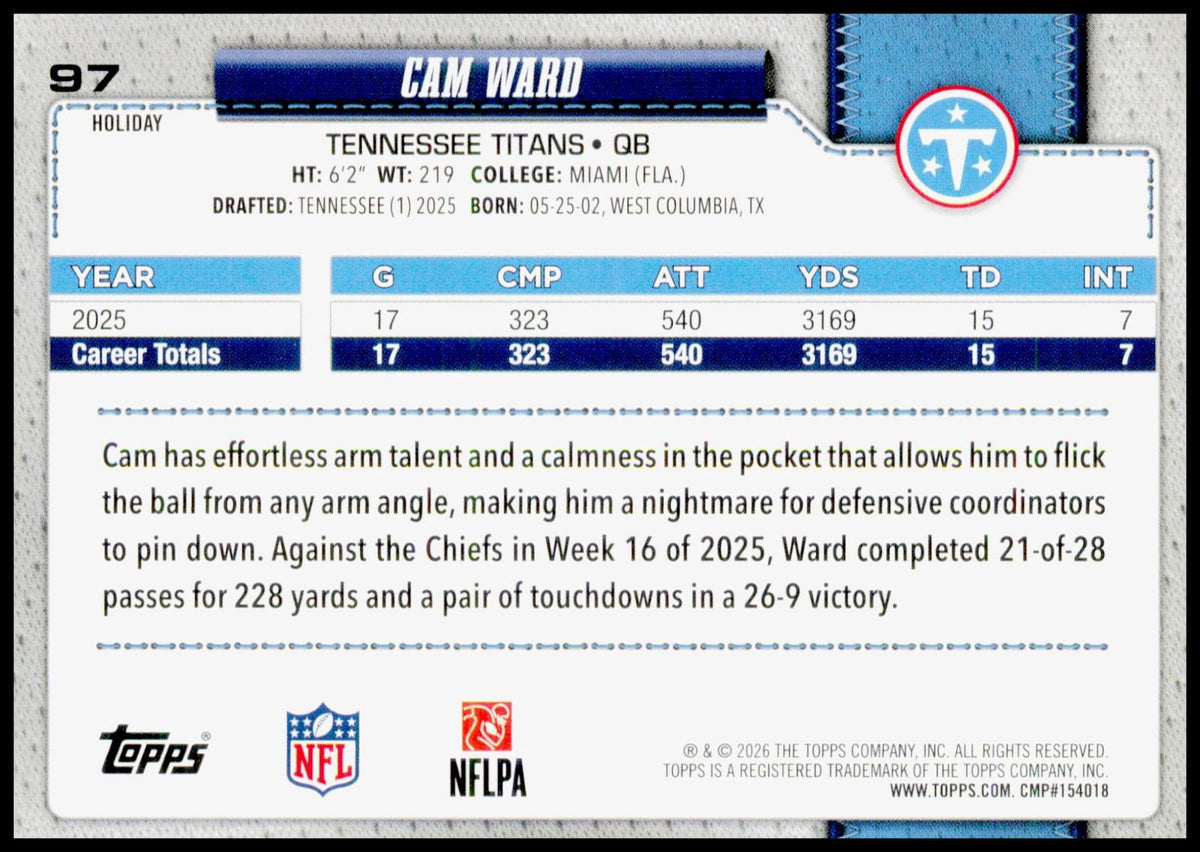 2026 Topps Holiday Cam Ward Card Tennessee Titans