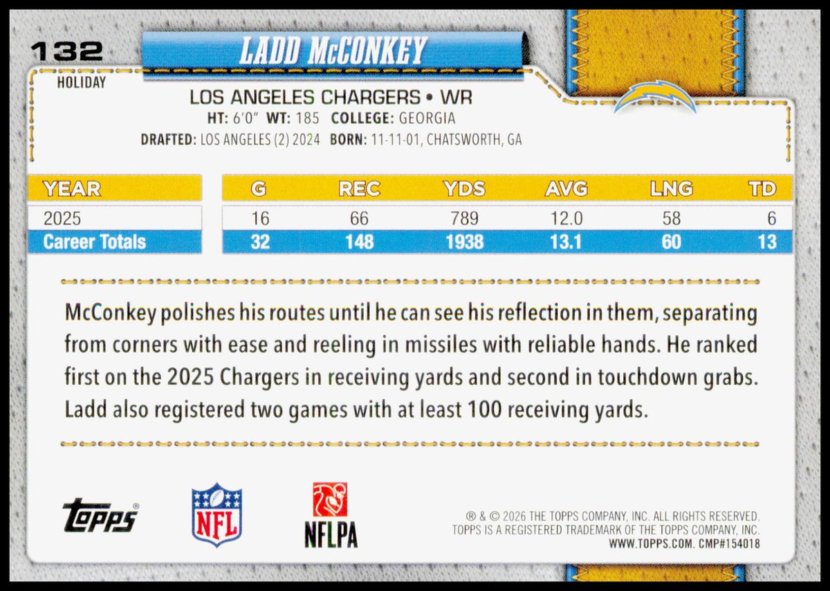 2026 Topps Holiday Ladd McConkey Card Los Angeles Chargers