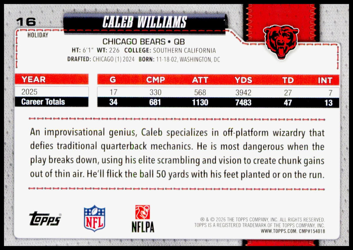 2026 Topps Holiday Caleb Williams Card Chicago Bears