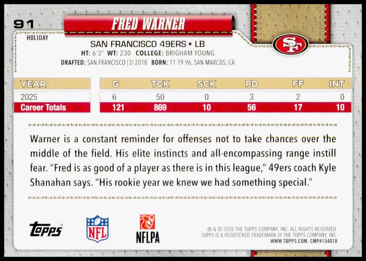 2026 Topps Holiday Fred Warner Card San Francisco 49ers