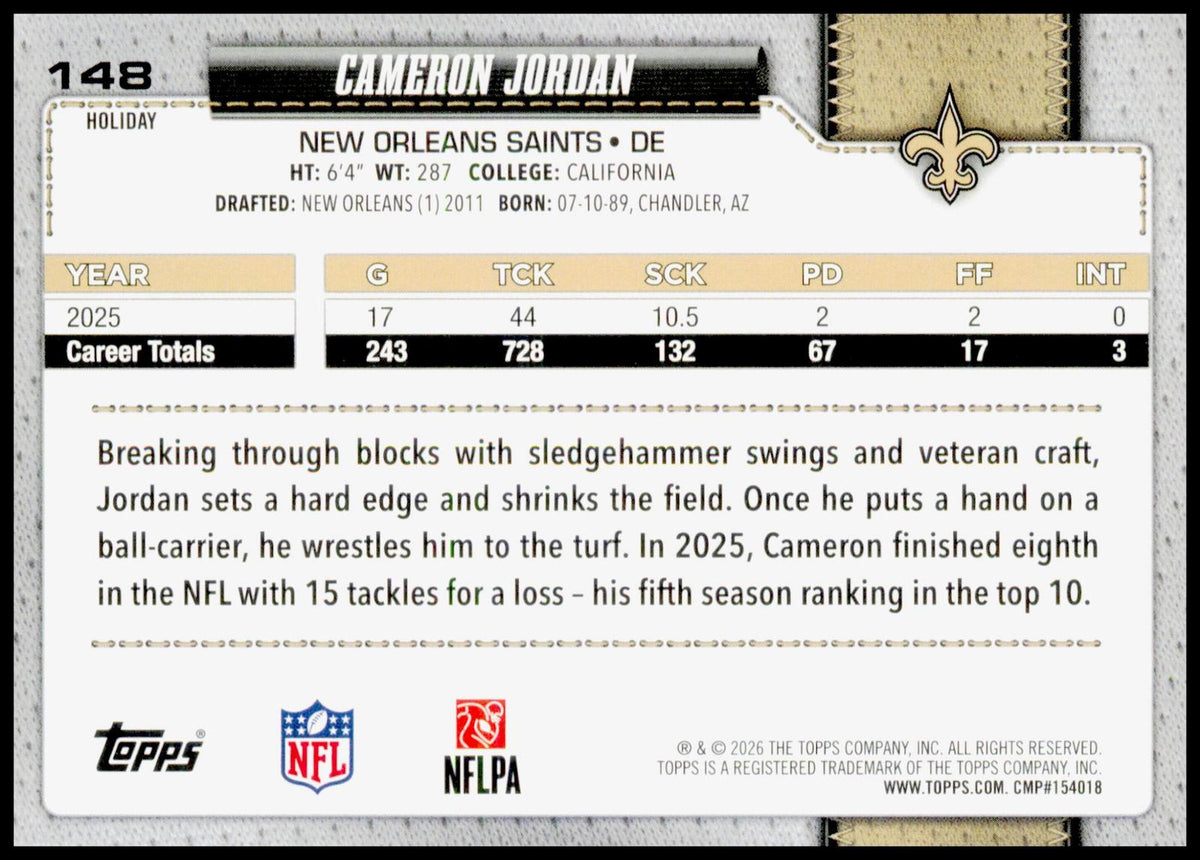 2026 Topps Holiday Cameron Jordan Card New Orleans Saints