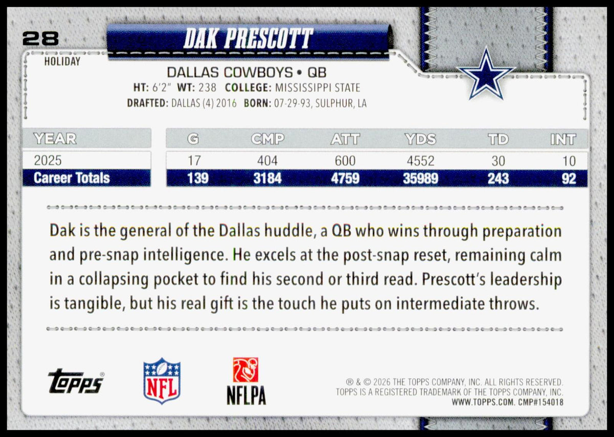 2026 Topps Flagship Dak Prescott F*** Cancer Card Dallas Cowboys
