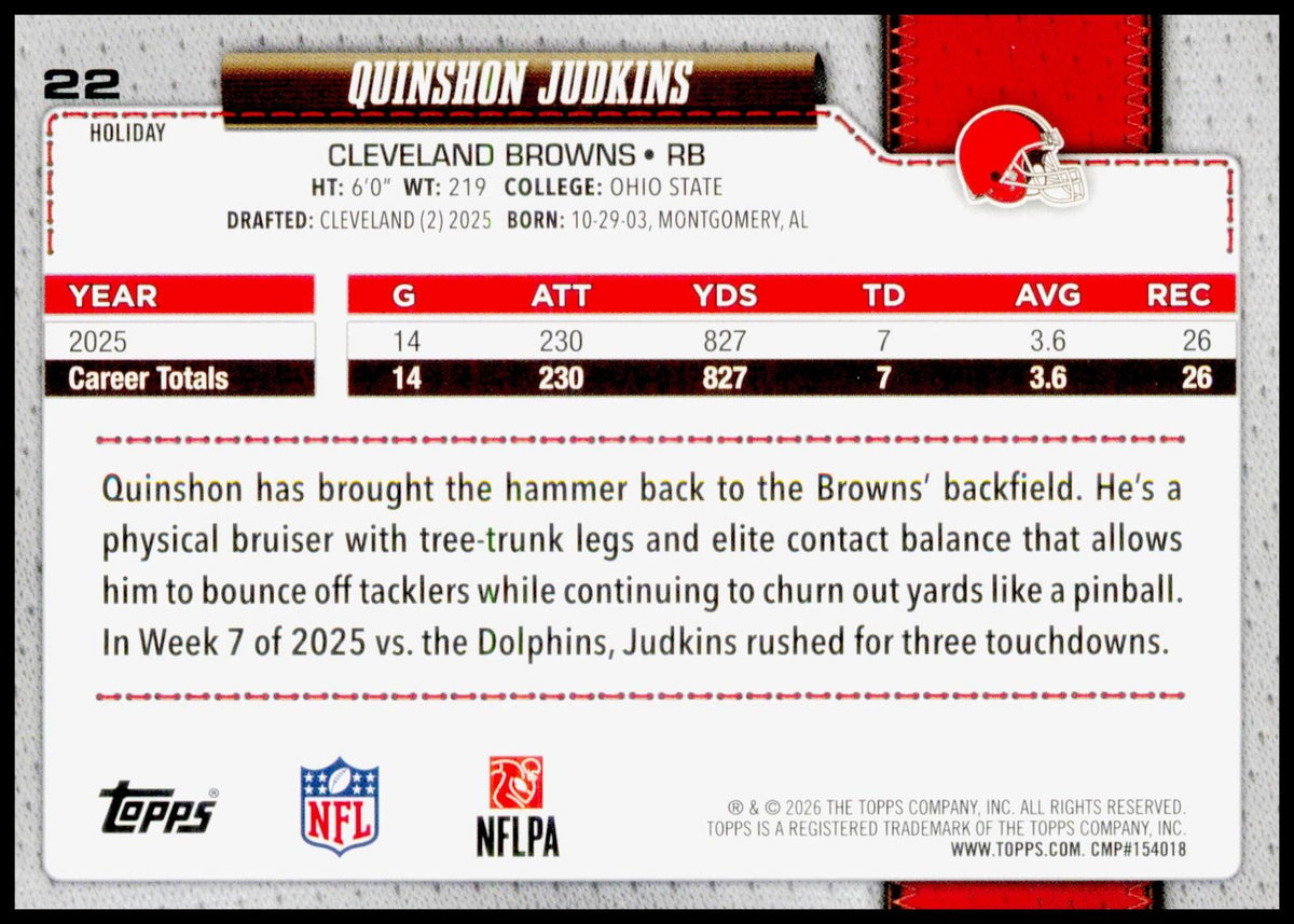 2026 Topps Holiday Quinshon Judkins Card Cleveland Browns