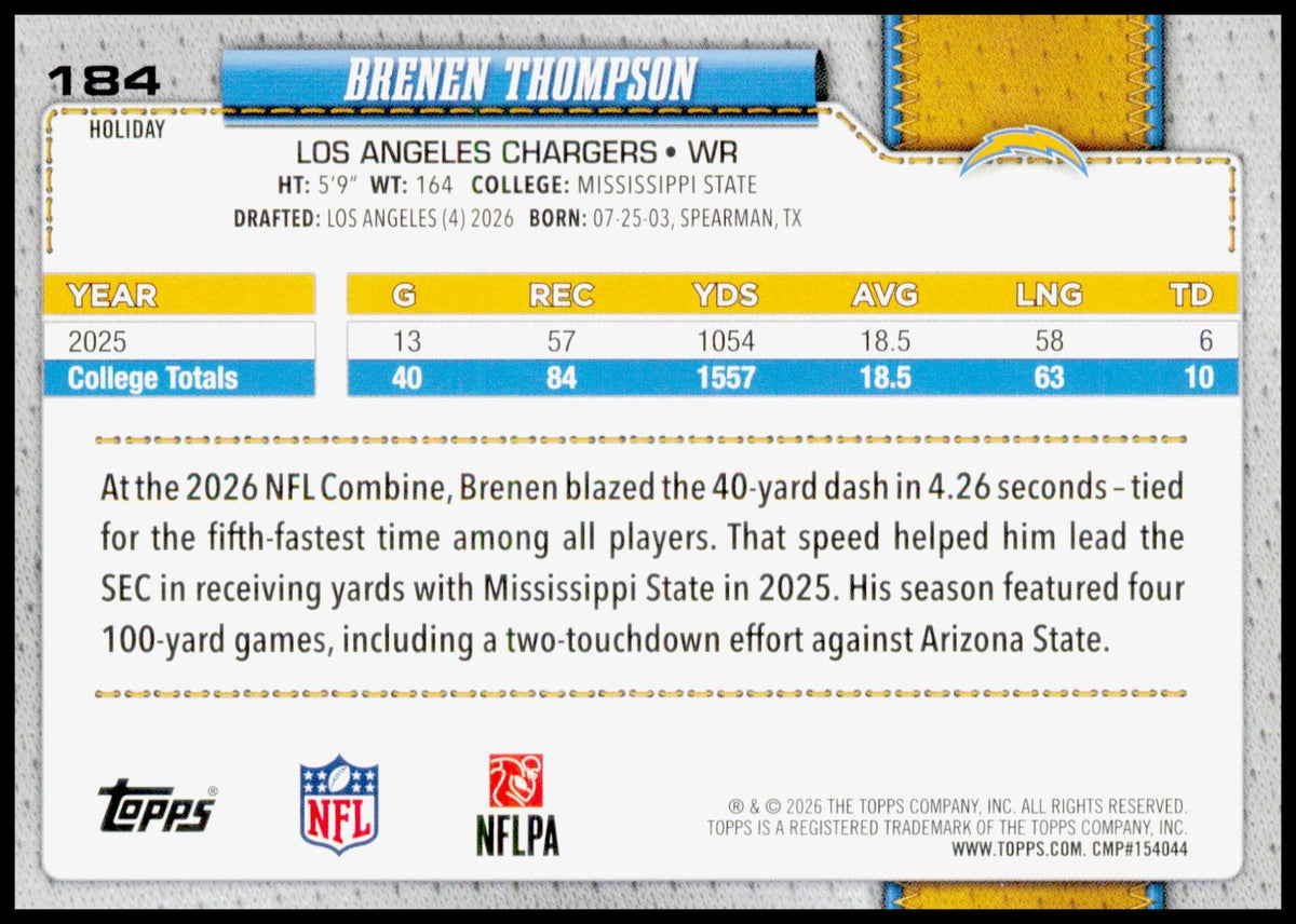 2026 Topps Holiday Brenen Thompson RC #184 Los Angeles Chargers Rookie