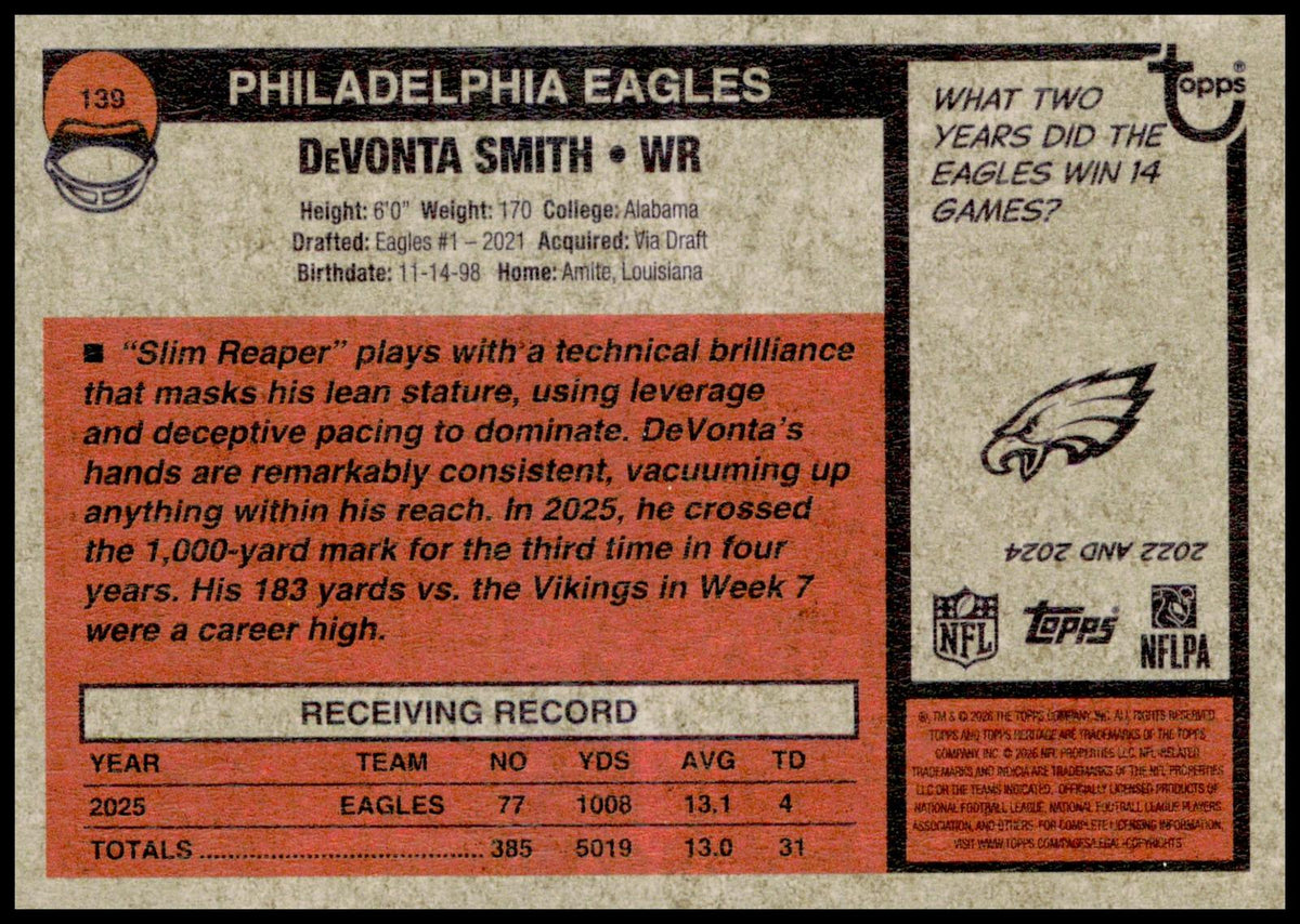 2026 Topps Heritage DeVonta Smith Card Philadelphia Eagles