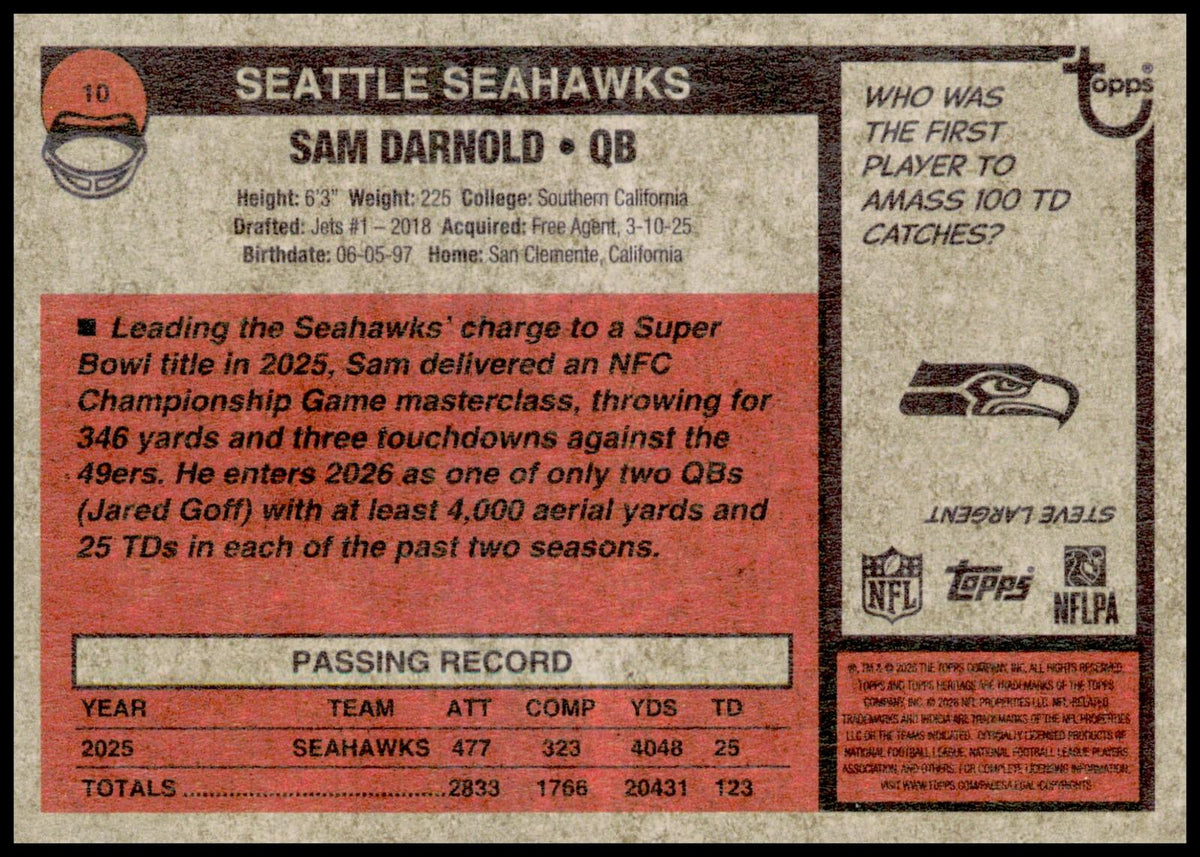 2026 Topps Heritage Sam Darnold Card Seattle Seahawks