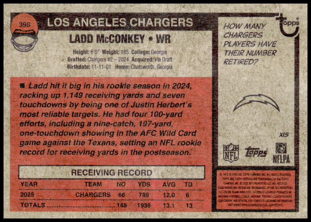 2026 Topps Heritage Ladd McConkey Card Los Angeles Chargers