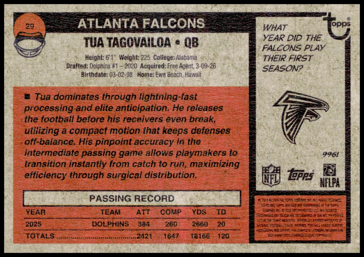 2026 Topps Heritage Tua Tagovailoa Card Miami Dolphins