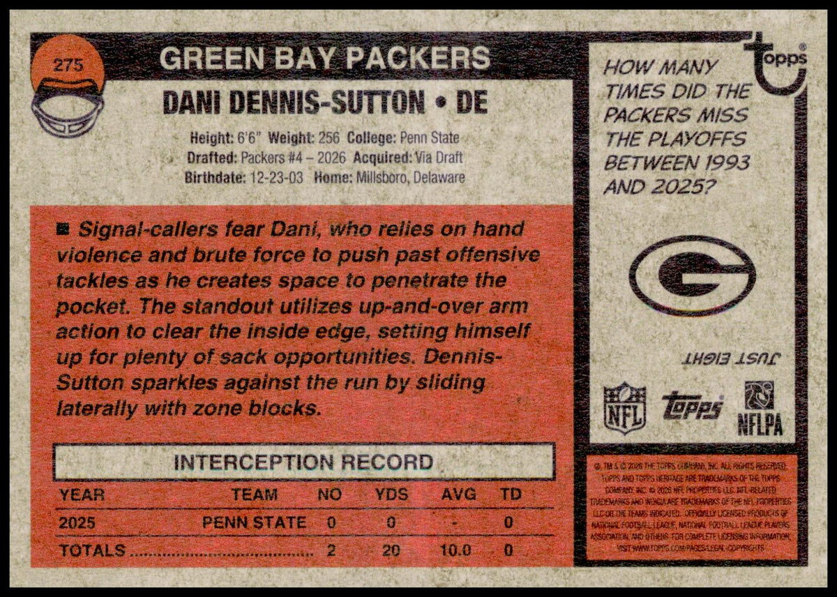 2026 Topps Heritage Dani Dennis-Sutton Card Dark Green Border RC Packers