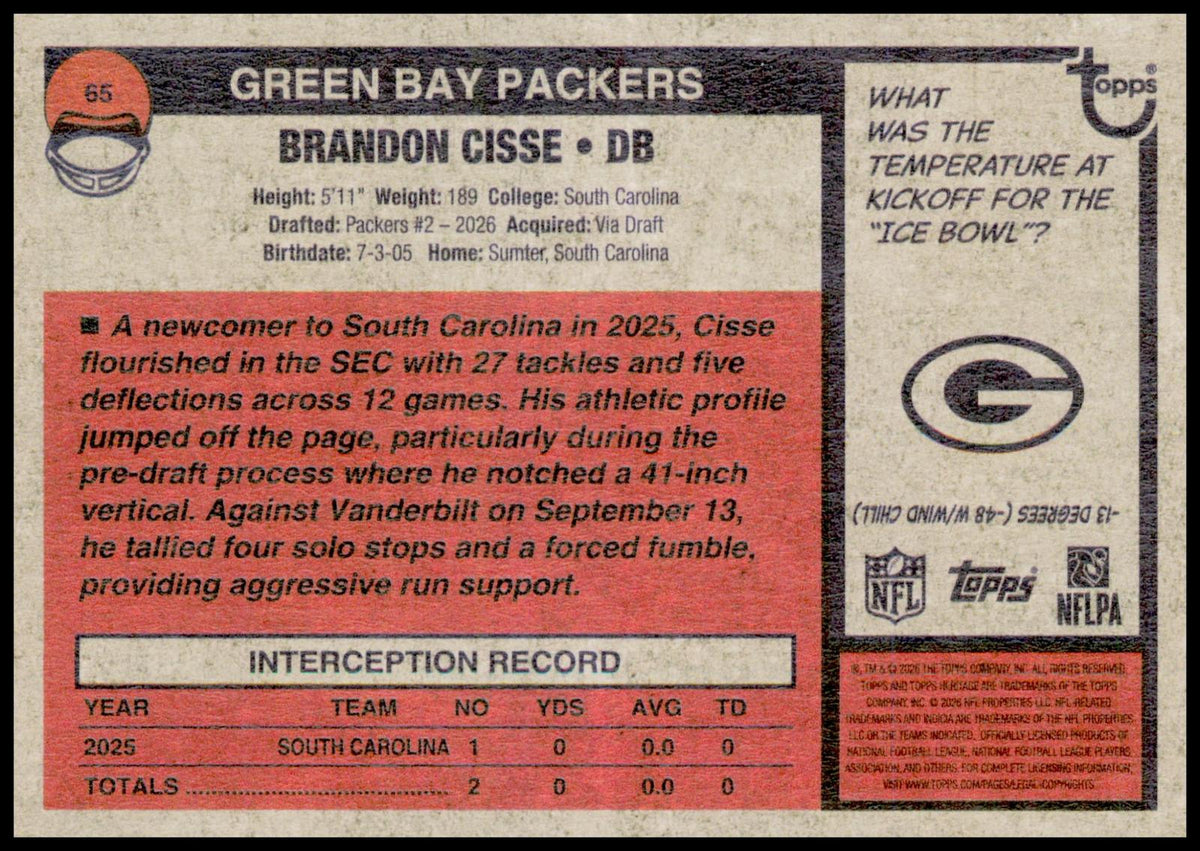 2026 Topps Heritage Brandon Cisse Card RC Green Bay Packers