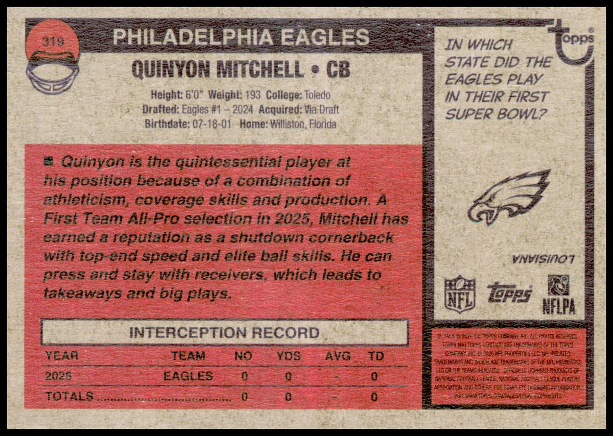 2026 Topps Heritage Quinyon Mitchell Card Philadelphia Eagles