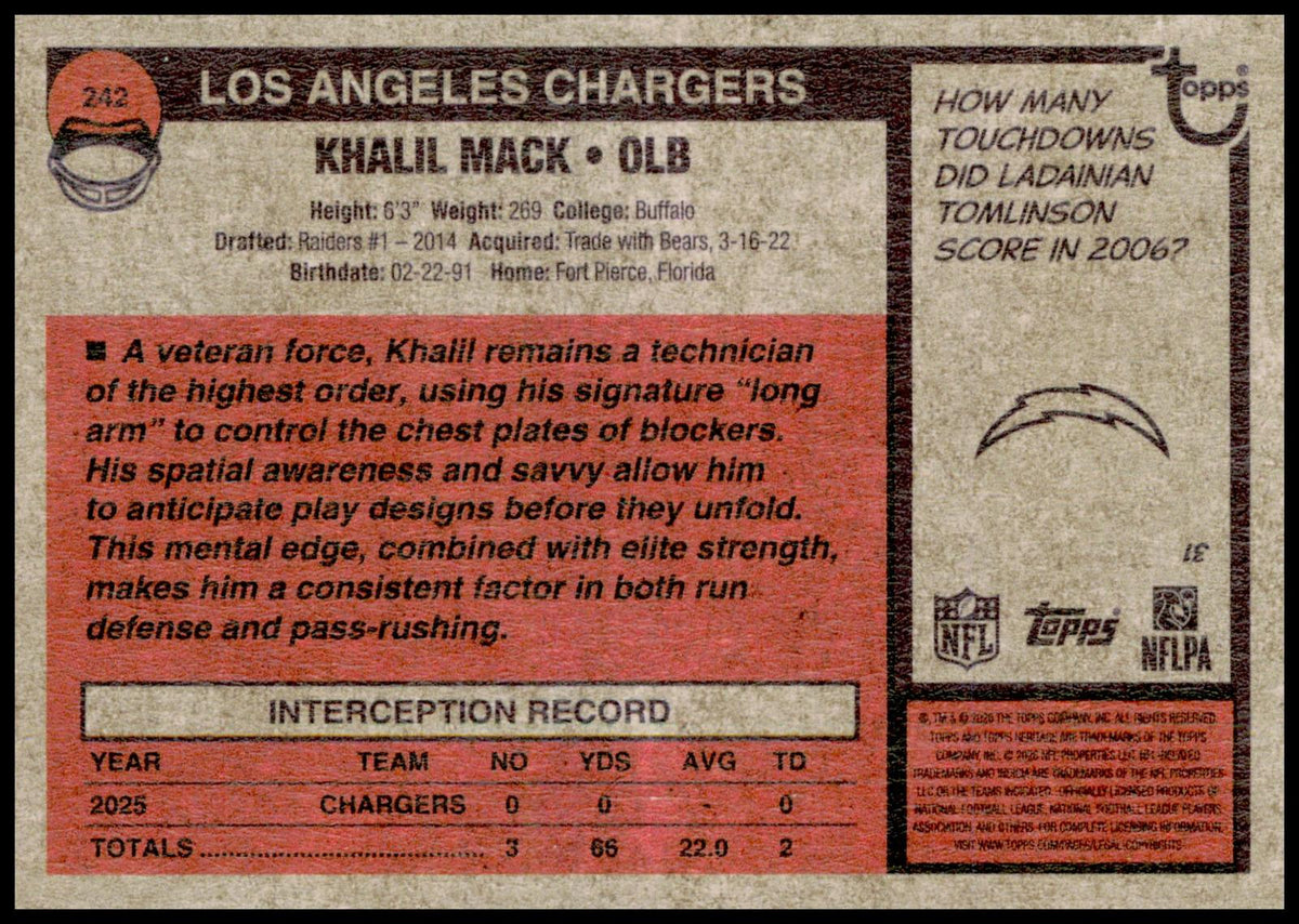 2026 Topps Heritage Khalil Mack Card Los Angeles Chargers