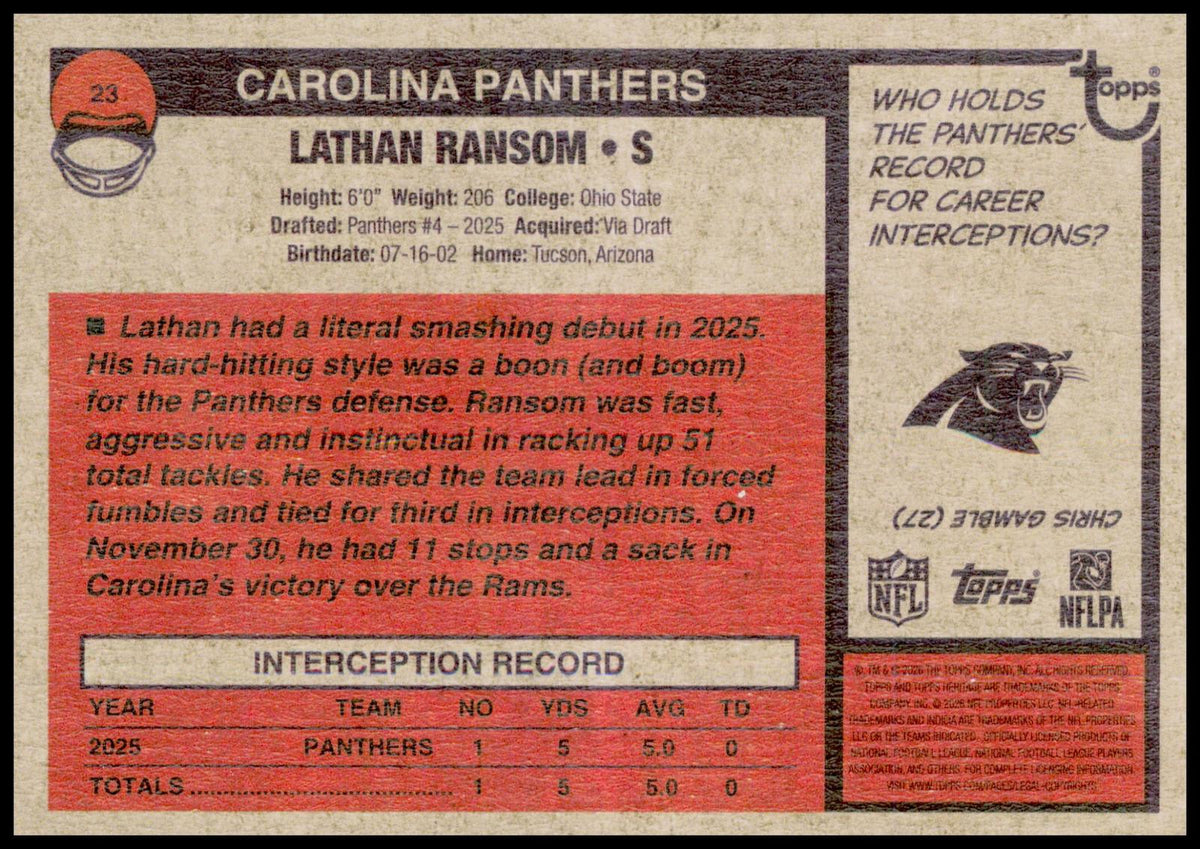 2026 Topps Heritage Lathan Ransom Card Carolina Panthers