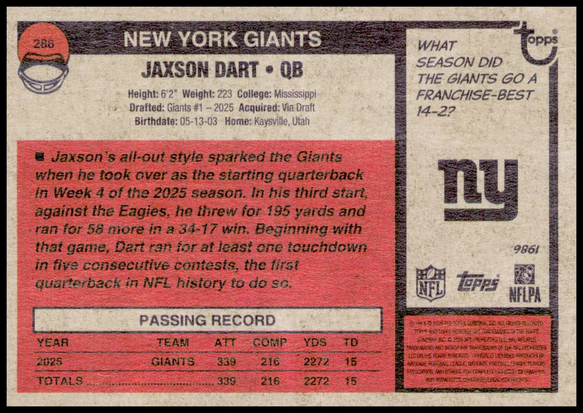 2026 Topps Heritage Jaxson Dart Card New York Giants