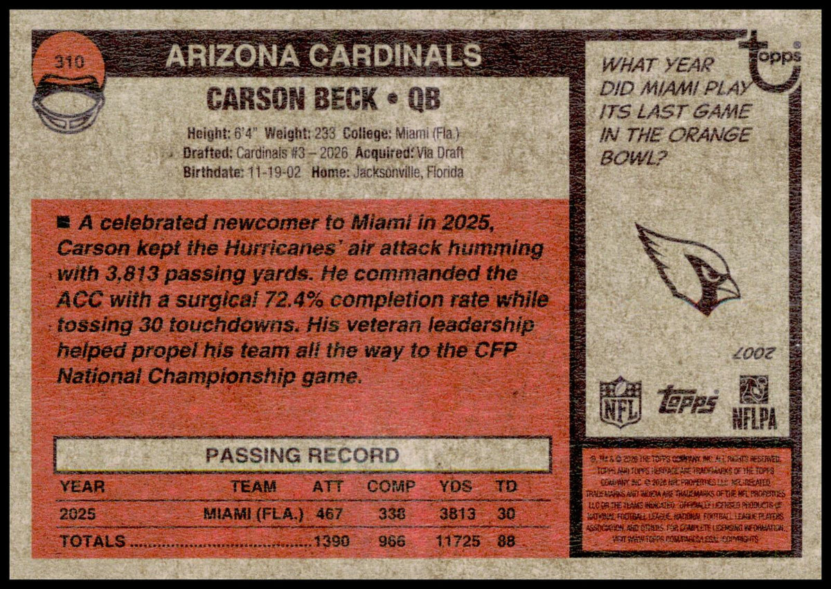 2026 Topps Heritage Carson Beck Card RC Arizona Cardinals