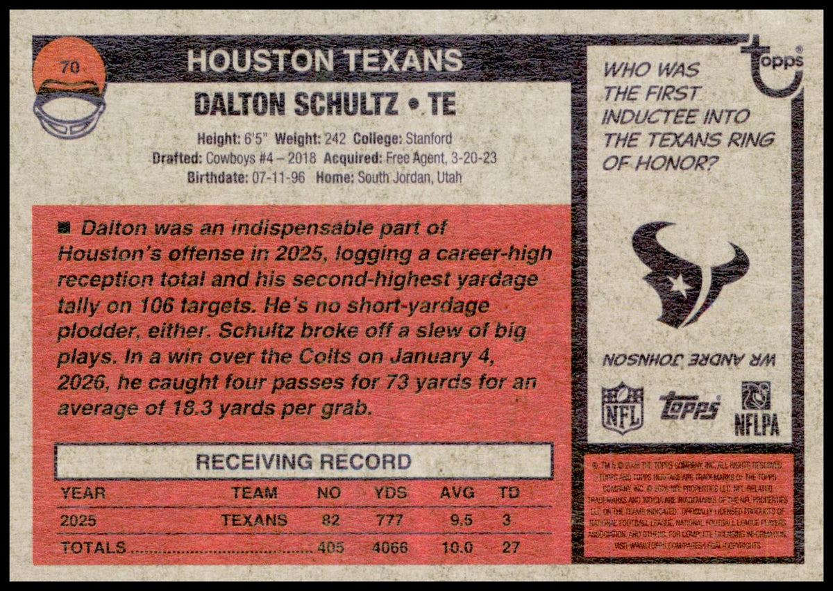 2026 Topps Heritage Dalton Schultz Card Houston Texans
